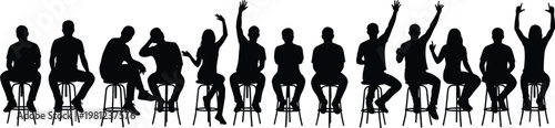 Large collection of diverse people silhouettes sitting on stools with raised hands for classroom seminar audience or social gathering concepts vector illustration