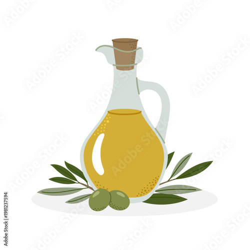 Olive oil glass carafe with cork stopper and green olives, flat vector illustration