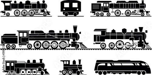 Vintage Steam Train Silhouette Collection with Multiple Locomotive Types and Railway Wagons Detailed Transport Vector Illustration Set