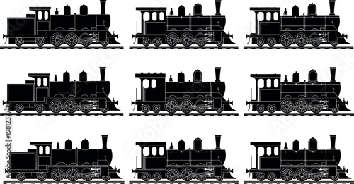 Vintage Steam Locomotive Collection with Side View Railway Engines Detailed Black Silhouette Transport Vector Illustration Set