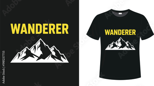 Minimalist mountain peaks t-shirt design with wanderer yellow typography for outdoor adventure hiking climbing and travel lifestyle apparel vector illustration