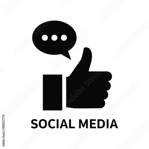 A black silhouette depicts a hand giving a thumbs up next to a speech bubble with ellipses high quality professional