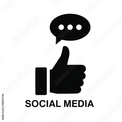 A stylized black icon depicts a thumbs up gesture alongside a speech bubble indicating social media approval high quality professional