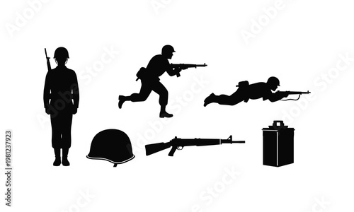 Military soldier vector silhouette illustration set including various poses, helmet, and rifle