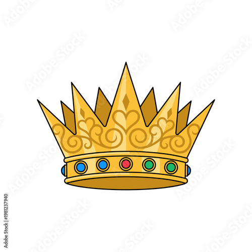 A magnificent golden crown adorned with colorful jewels sparkles, symbolizing royalty, power, and achievement.