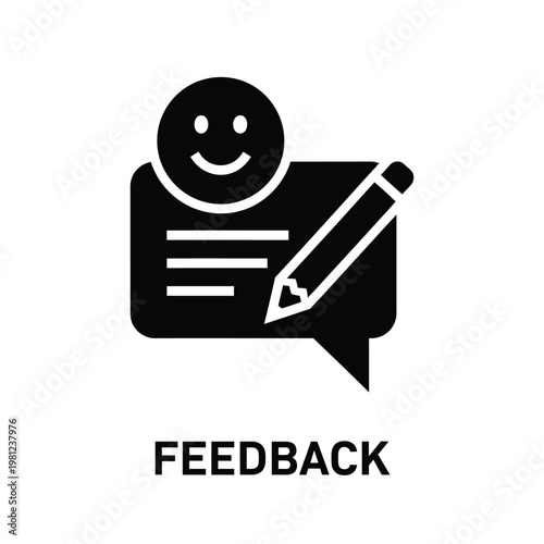 A black glyph depicting a smiling face above a speech bubble with a pencil signifying feedback high quality professional