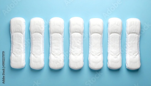 Seven white sanitary pads aligned perfectly on a light blue background, creating a repeating pattern