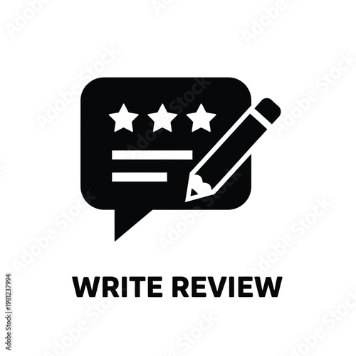 A black silhouette depicts a speech bubble with stars and a pencil signifying a review or feedback request
