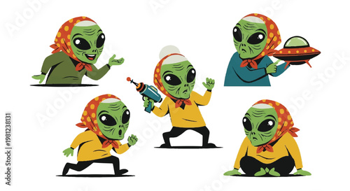 Cartoon aliens with traditional headscarves in various poses on white background