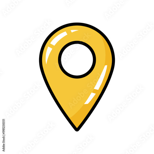 A bright yellow map location pin icon with a circular hole, indicating position or a specific place.