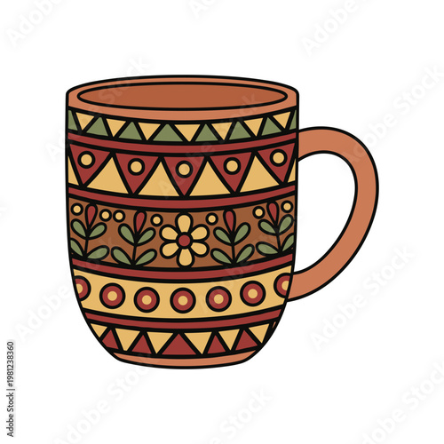 A beautifully decorated brown and red ceramic mug with intricate tribal-like patterns and floral motifs.