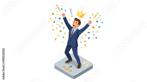 Man Wearing Crown Celebrates Success.