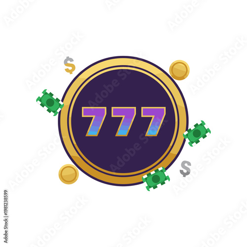 A vibrant casino jackpot illustration featuring the lucky number 777 surrounded by gold coins and dollar chips.