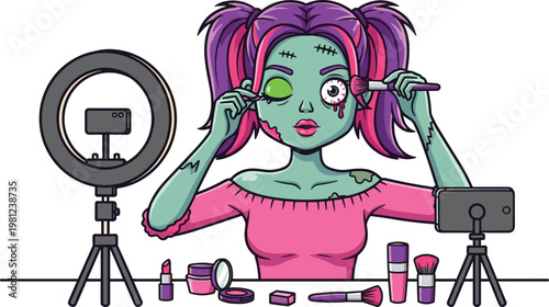 Cartoon zombie beauty vlogger applying makeup with brushes and palette while streaming tutorial using ring light setup