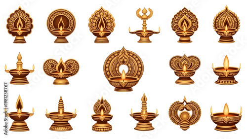 Traditional Sri Lankan Pahana Oil Lamp Vector Set, Ornate Golden Buddhist Temple Lighting Elements, Cultural Decorative Illustration Isolated on White Background