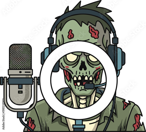 Cartoon zombie broadcaster character in torn clothing with headset speaking into microphone and ring light smartphone setup