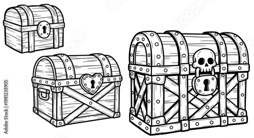 Hand drawn pirate treasure chests collection with detailed wooden designs