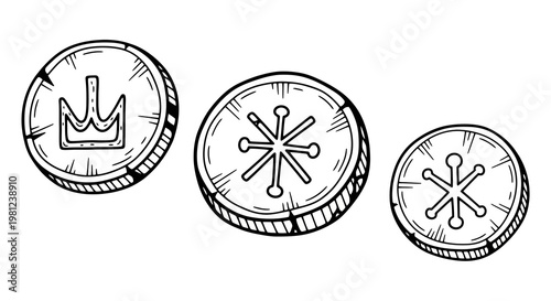Hand drawn viking coins with nordic symbols on white background