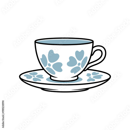 An elegant white teacup and saucer set adorned with a delicate light blue floral pattern.