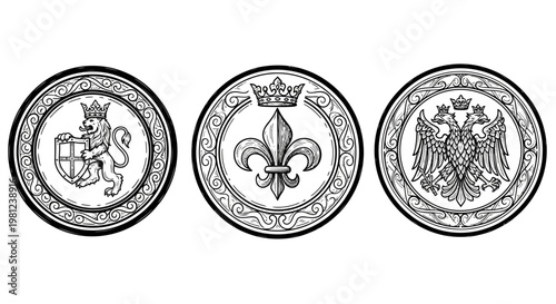 Regal emblems: intricate heraldic designs featuring lion, fleur-de-lis, and double-headed eagle