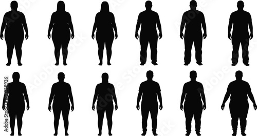 Body type silhouette set, male female figures collection, diverse human shapes vector, overweight slim people, black silhouette icons, isolated illustration design