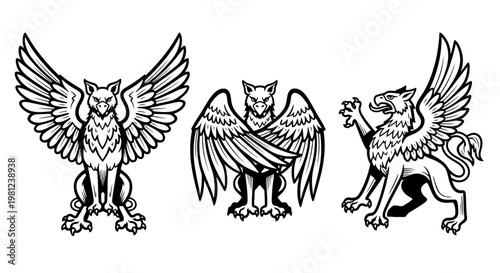 Mythical griffins collection with intricate black and white line art