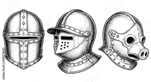 Vintage engraved medieval helmets collection
