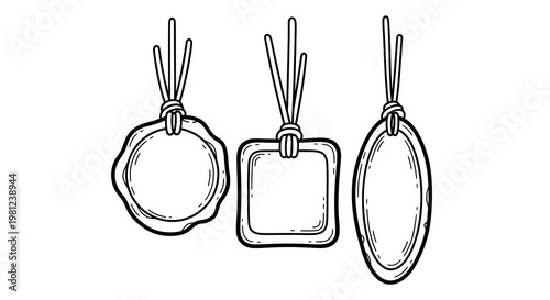 Set of vintage blank tags with hanging strings in linear style
