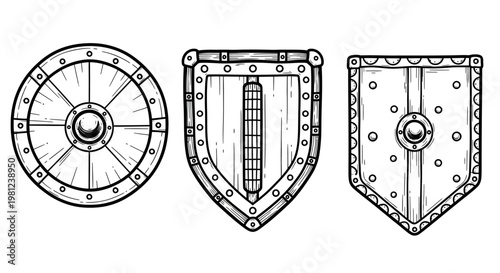 Set of detailed medieval shields: round, kite, heater drawings for historical designs