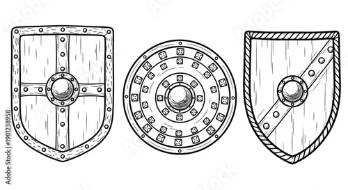 Hand-drawn medieval shields set with intricate patterns and detailed borders