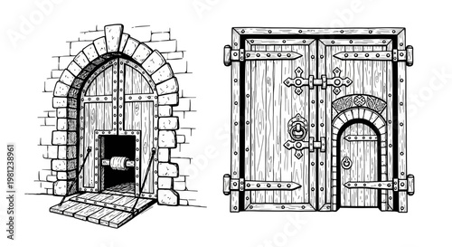 Medieval castle wooden doors with metal hinges and stone archway