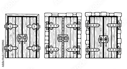 Vintage wooden doors with metal hinges and stone frames in black and white outline