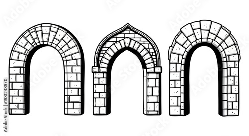 Historic stone arches: roman, gothic, and medieval architectural designs on white background