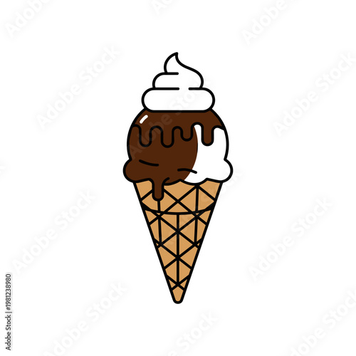 A delightful double scoop ice cream cone featuring chocolate and vanilla flavors topped with whipped cream.