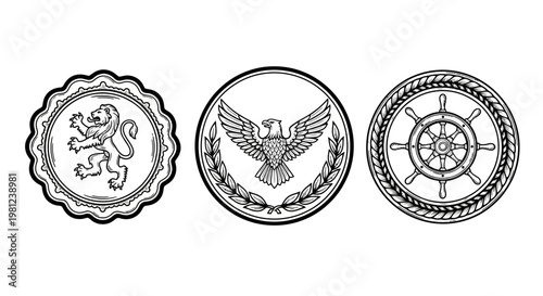 Elegant circular emblems featuring lion, eagle, and nautical ship wheel