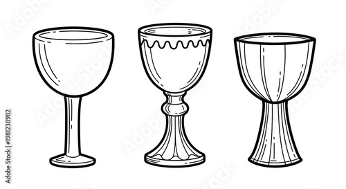 Set of hand-drawn chalices with unique designs in black and white