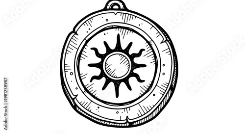 Intricate sketch of a medieval sun amulet with sunburst design