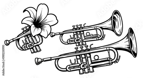 Trumpet trio with lily flower design in black and white art
