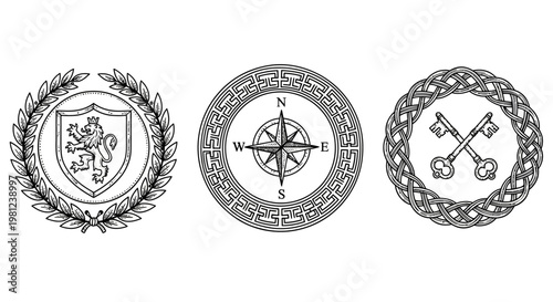 Vintage emblems featuring lion crest, compass rose, and key motif in black and white design