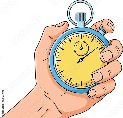 A detailed vector illustration of a human hand holding a classic blue stopwatch with a yellow face and black hands