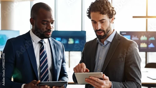 Diverse Business Professionals Collaborating on Digital Tablets in Modern Office Setting