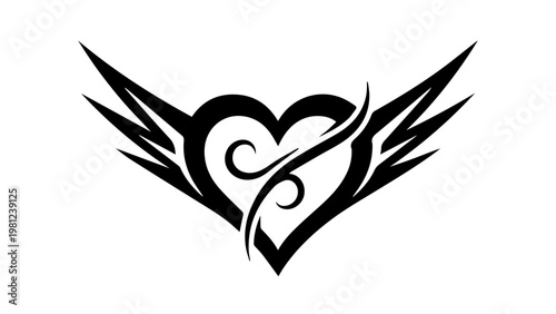 Tribal tattoo design of a heart with wings and swirls black and white body art illustration decorative isolated abstract