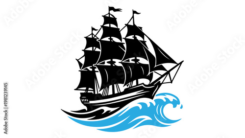 Black silhouette of a grand sailing ship with full sails and blue stylized waves tall ship silhouette maritime historical