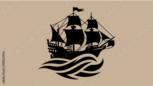 Silhouette of a large sailing ship with multiple masts and sails against a beige background with stylized waves, tall ship