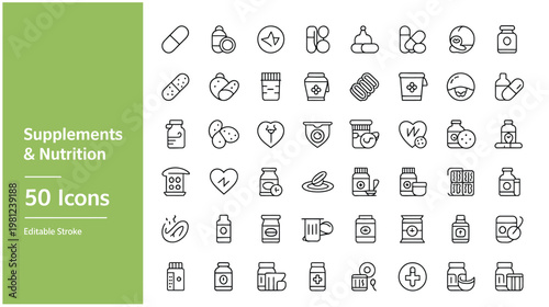 Supplement, nutrition and vitamin vector icons. Medical health, pharmacy Gym nutrition, dietary supplements, , herbal medicine, wellness vector line icon set. Editable stroke
