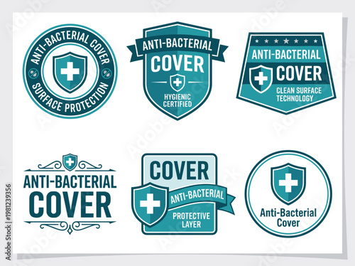 Antibacterial protection labels set, medical shield emblems for surface cover certification and hygiene