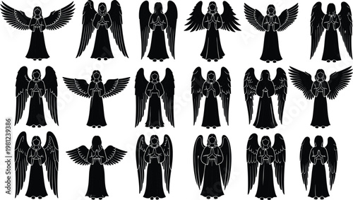 Angel silhouette set, praying guardian angels collection, black winged figures vector, spiritual religious illustration, heavenly beings, isolated design, divine concept