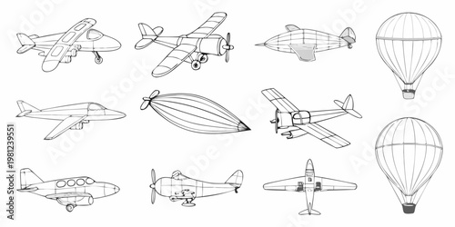 Collection of vintage aircraft and airships in simple line drawing style