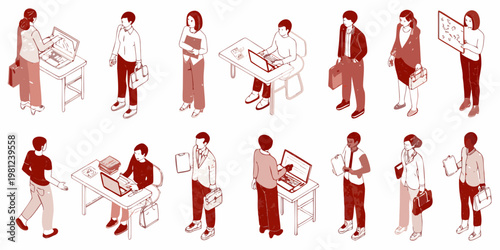Isometric illustration depicts diverse people working studying and interacting