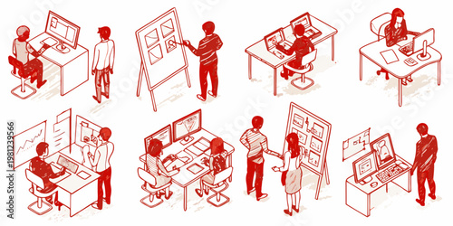 Isometric illustration of people collaborating in a modern office workspace